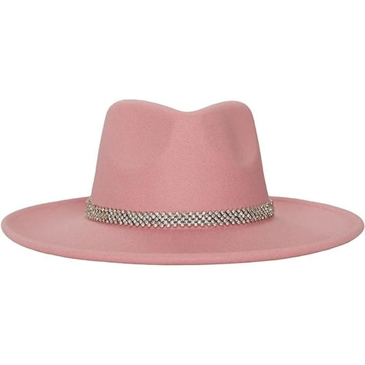 Studded Flower Rhinestone Strap Fedora Hat