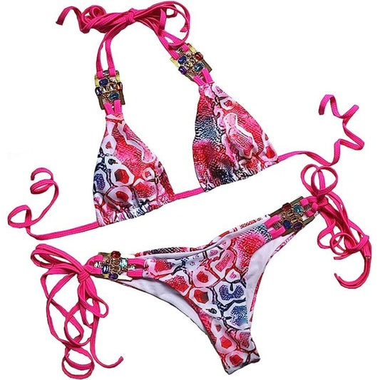 BIKINX Women’s Sexy Thong Bikini Crystal Side Bottom Triangle Bikini Halter Swimsuits