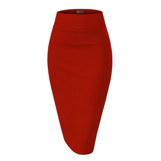 High Waist Nylon Ponte Stretch Below Knee Pencil Skirt-Red