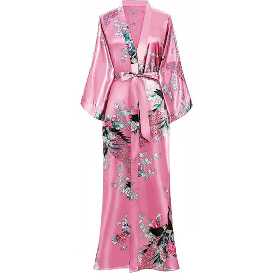 BABEYOND Women’s Kimono Robe Long Robes with Peacock and Blossoms Printed Kimono Nightgown