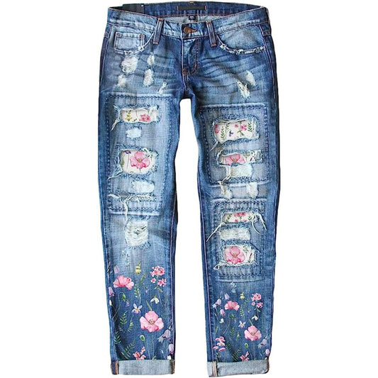 Astylish Womens Plaid Patch Ripped Boyfriend Distressed Stretch Skinny Denim Jeans with Hole
