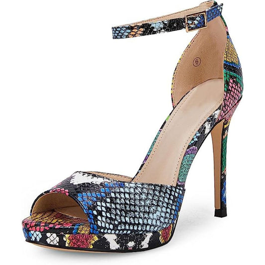 Coutgo Womens Open Toe Heeled Sandals Snakeskin Ankle Strap Peep Toe Heels Elegant Floral D’Orsay Party Dress Pump Shoes