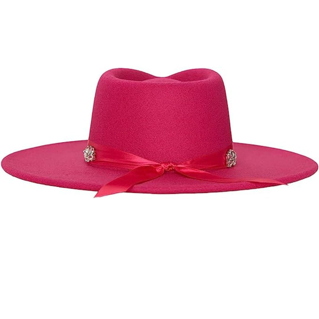 Studded Flower Rhinestone Strap Fedora Hat