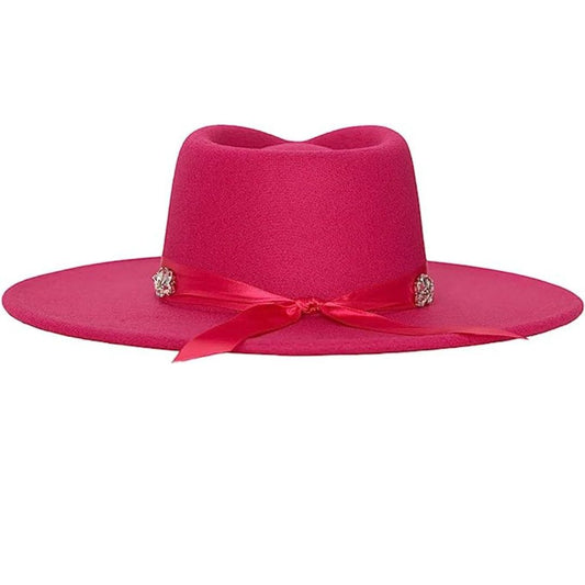 Studded Flower Rhinestone Strap Fedora Hat