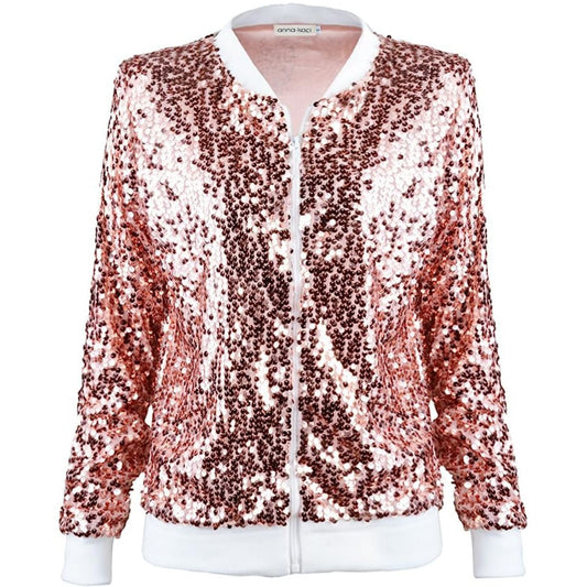 Anna Kaci Sequin Long Sleeve Front Zip Jacket with Ribbed Cuffs