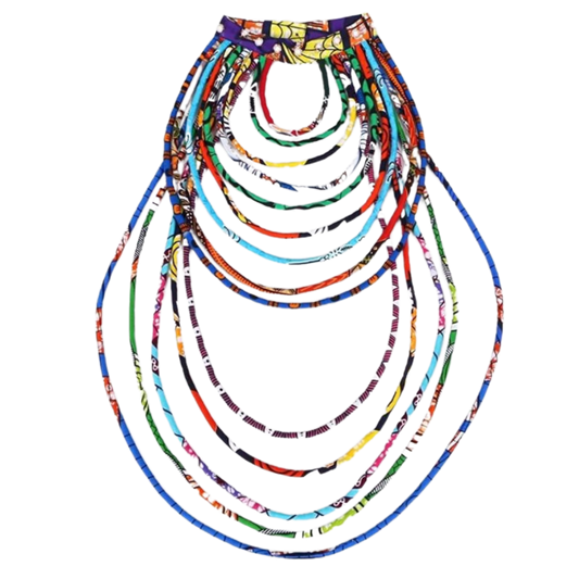African Ankara Fabric Necklace Long Multi-Strand Handmade Colorful Necklace Tribal Jewelry