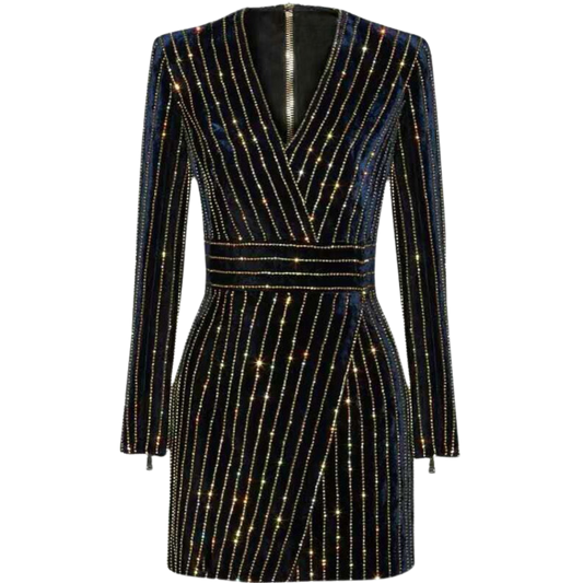 Long Sleeve V-Neck Striped Dress-Black