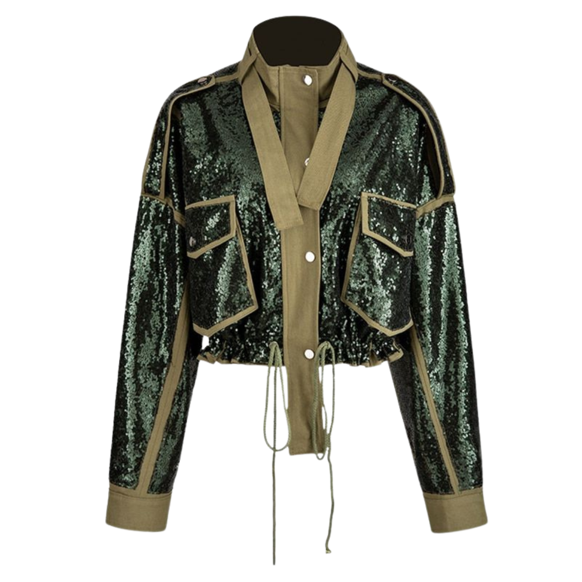 Long Sleeve Turtleneck Sequin Jacket-Army Green
