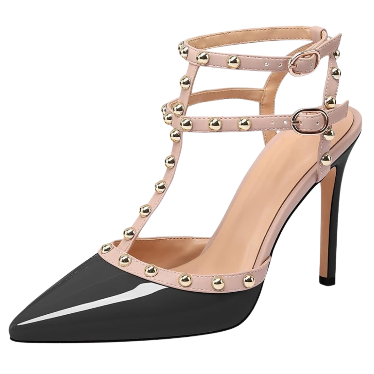 Rivet Studded High Heels Stiletto T-Strap Pointed Toe-Black