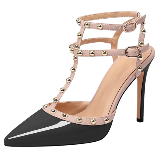 Rivet Studded High Heels Stiletto T-Strap Pointed Toe-Black