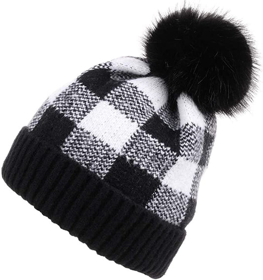 Buffalo Plaid Cuff Beanie Hat-Black/White
