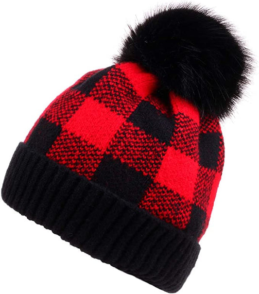 Buffalo Plaid Cuff Beanie Hat-Black/Red