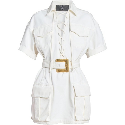 Balmain Belted Denim Short-Sleeve Minidress