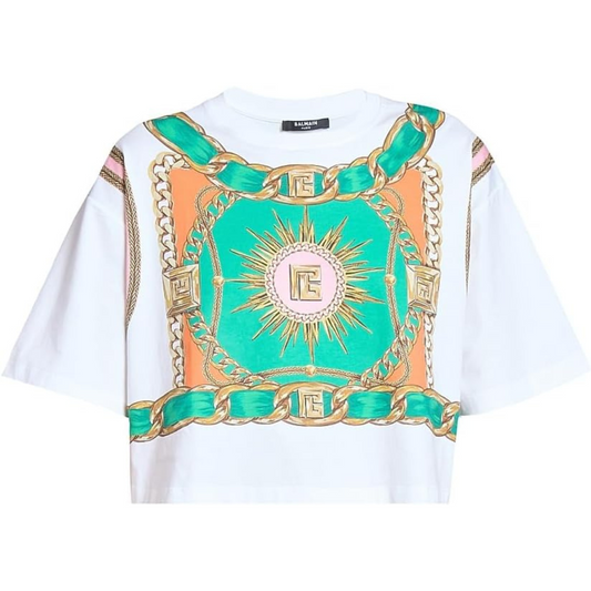 Balmain Foulard Print Cotton Crop T-Shirt