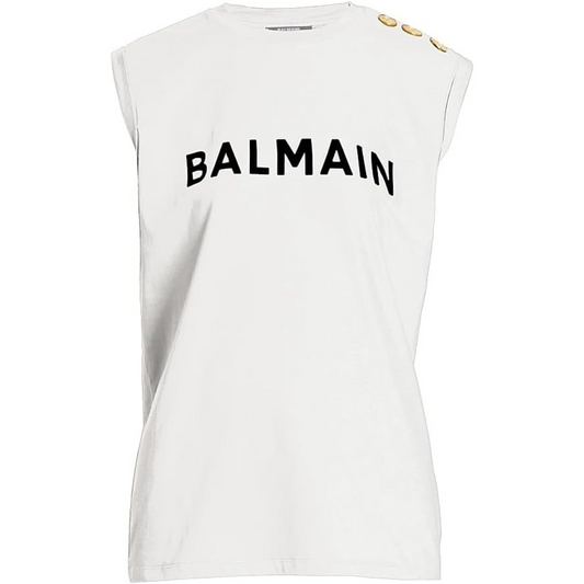 Balmain Logo Button-Shoulder Muscle T-Shirt-White Black