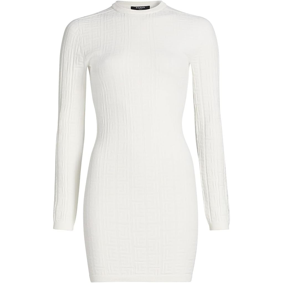 Balmain Monogram-Knit Body-Con Minidress-Naturel