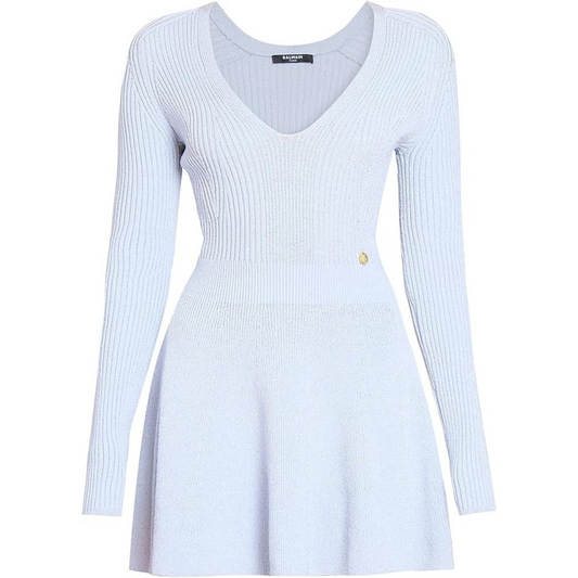 Balmain Pleated Rib-Knit V-Neck Minidress-Bleu Pale