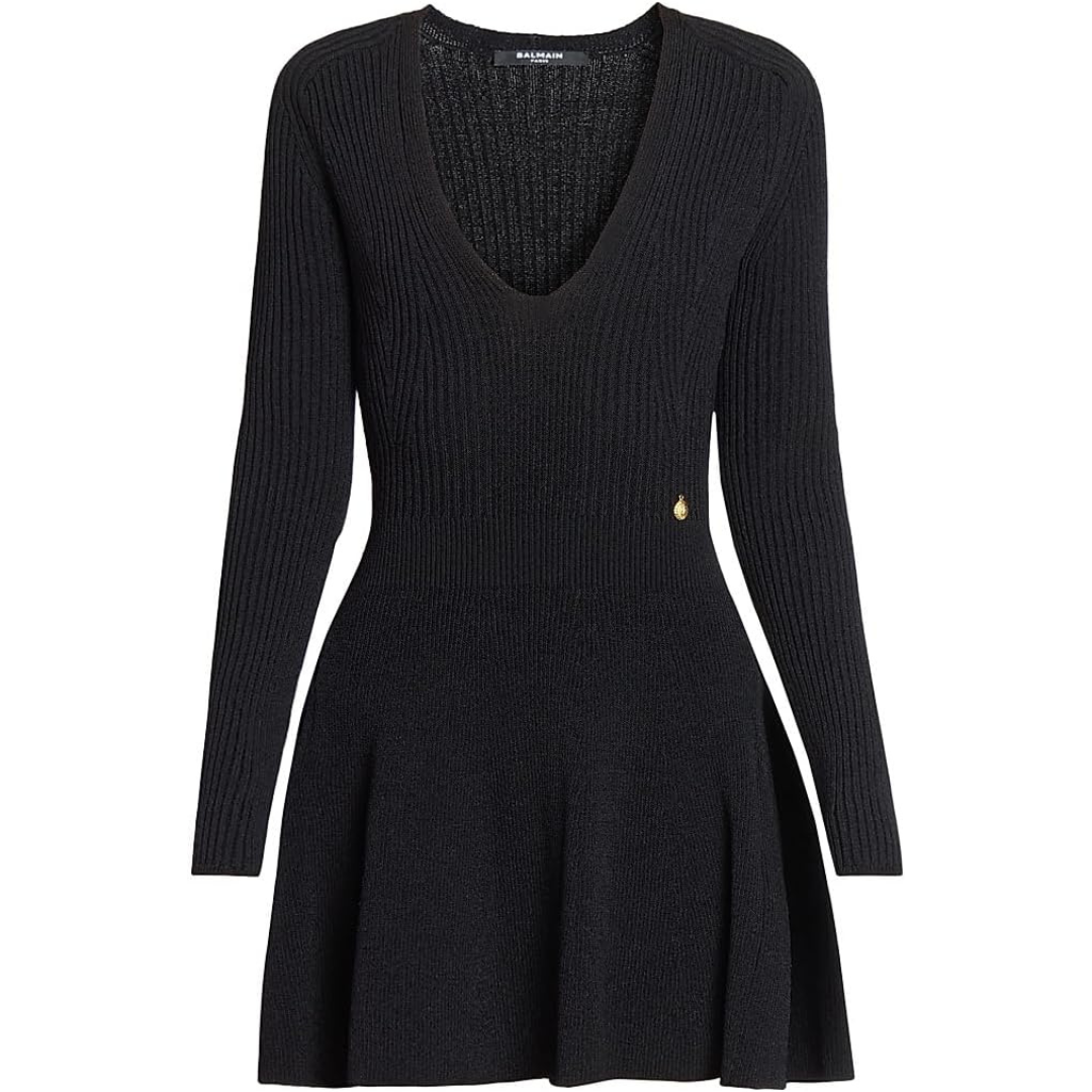 Balmain Pleated Rib-Knit V-Neck Minidress-Noir