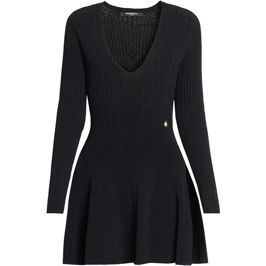 Balmain Pleated Rib-Knit V-Neck Minidress-Noir