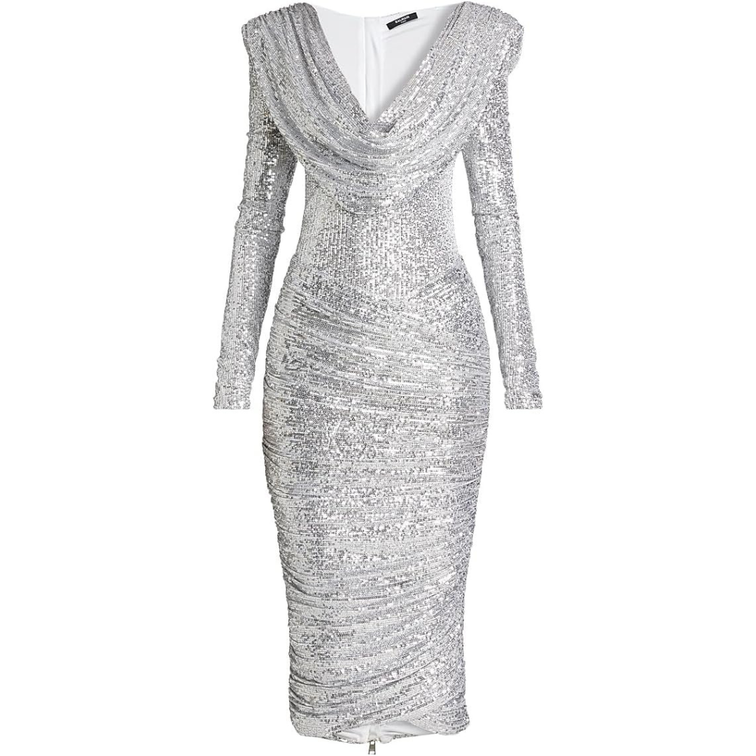 Balmain Sequined Cowlneck Midi-Dress