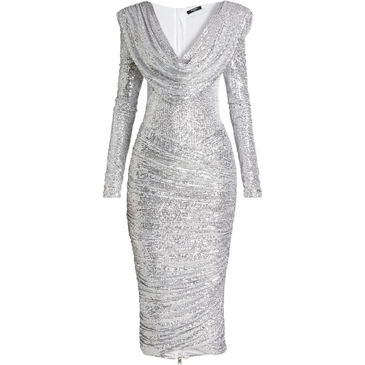 Balmain Sequined Cowlneck Midi-Dress