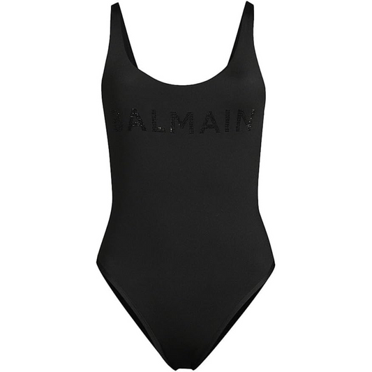 Balmain Strass Tone-on-Tone Logo One-Piece Swimsuit-Black
