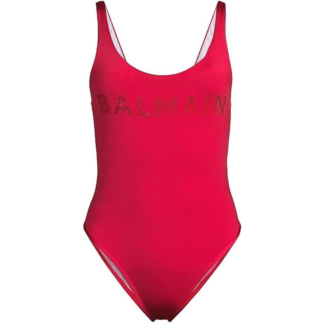 Balmain Strass Tone-on-Tone Logo One-Piece Swimsuit-Red