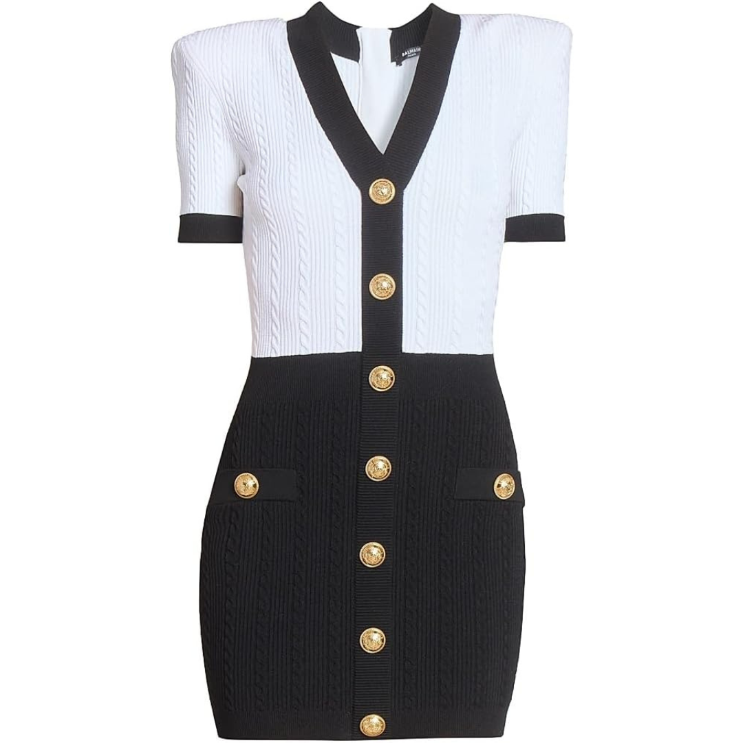 Balmain Two-Tone Torsade-Knit Short-Sleeve Minidress