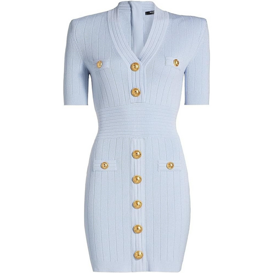 Balmain, Button-Accented Knit Minidress-Bleu Pale