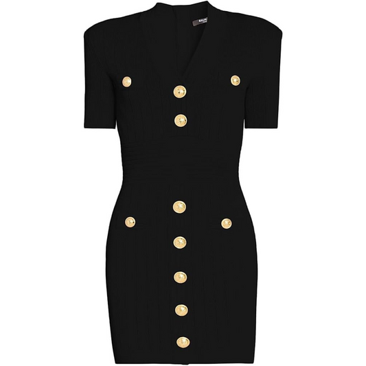 Balmain, Button-Accented Knit Minidress-Noir