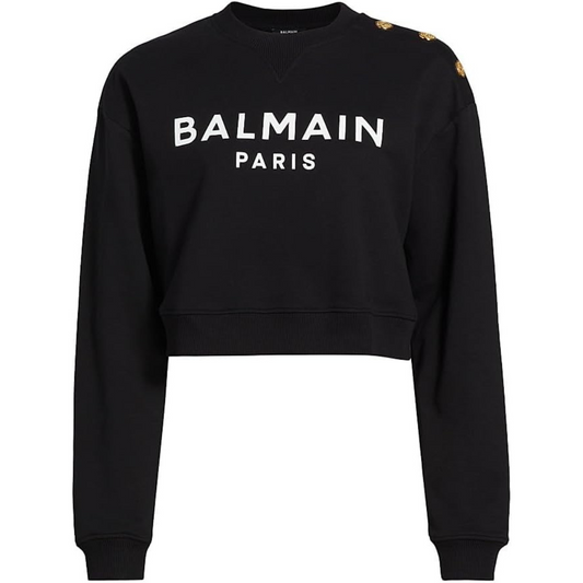Balmain, Button-Embellished Logo Cotton Sweatshirt-Noir Blanc
