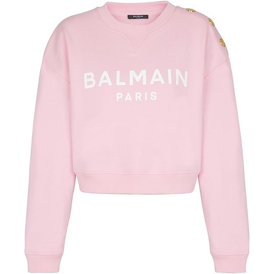 Balmain, Button-Embellished Logo Cotton Sweatshirt-Rose Blanc
