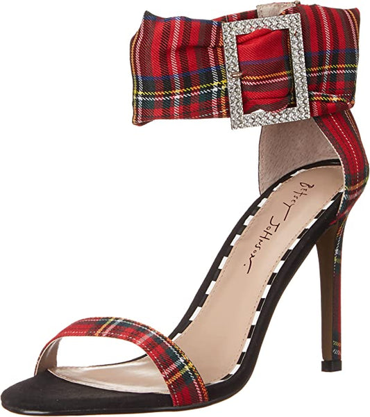 Betsey Johnson Women's Rarity Heeled Sandal-Red Plaid