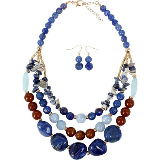 Vintage Multi-layer Resin Beaded Necklace Earring Set-Blue