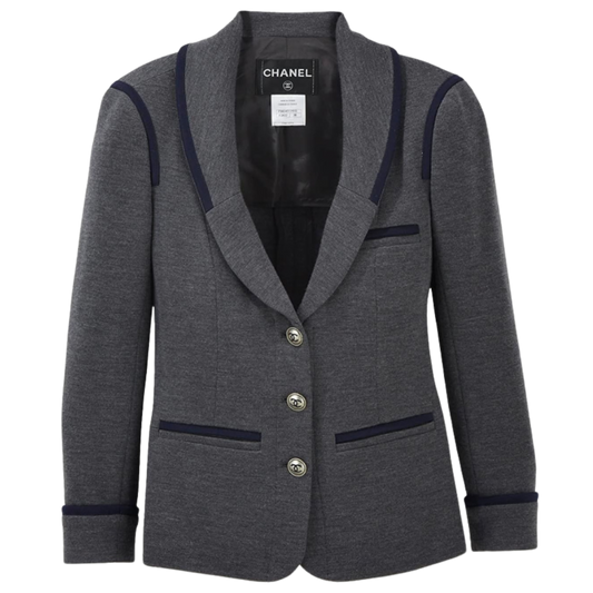 Chanel Grey Piped Wool Shawl Collar Blazer-Grey