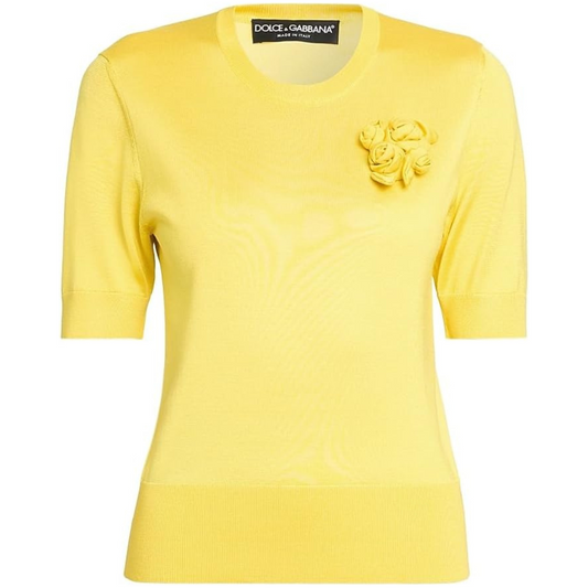 Dolce&Gabbana Floral-Appliquéd Silk Short-Sleeve Sweater