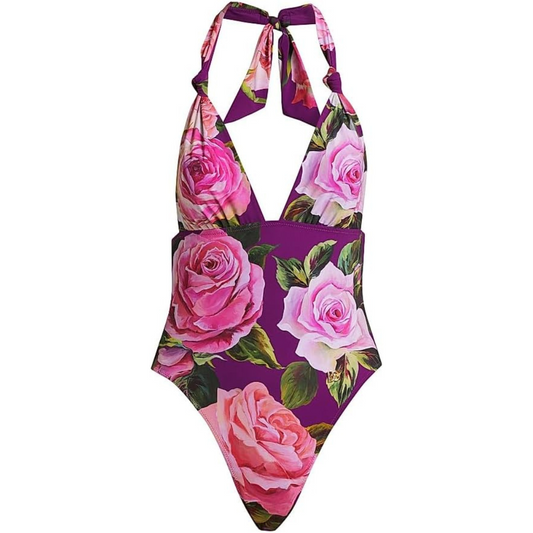Dolce&Gabbana Floral Deep V-Neck One-Piece Swimsuit