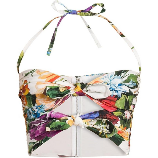 Dolce&Gabbana Rafia Fiori Floral Bow Cut-Out Cropped Top
