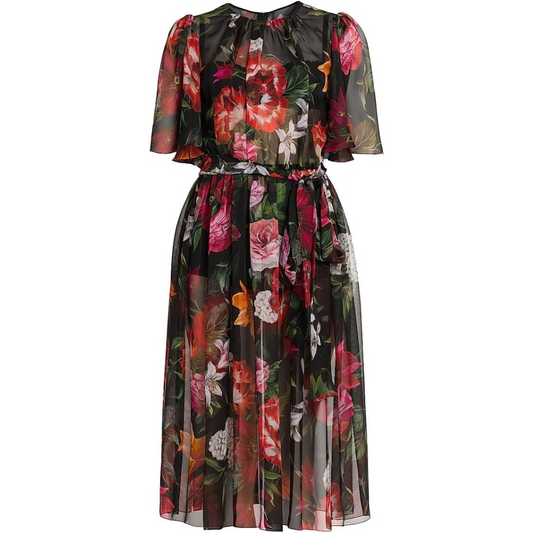 Dolce&Gabbana Rafia Fiori Floral Sheer Silk Midi-Dress
