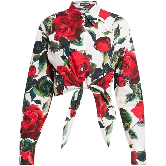 Dolce&Gabbana, Roses Cotton Tie-Front Crop Shirt