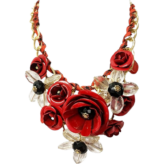 Romantic Floral Bouquet Statement Necklace-Red