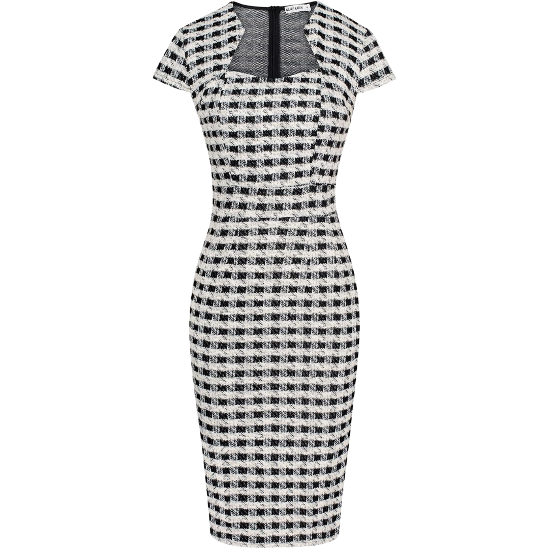 Grace Karin Cap Sleeve Pencil Dress-Black White Tweed