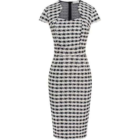 Grace Karin Cap Sleeve Pencil Dress-Black White Tweed