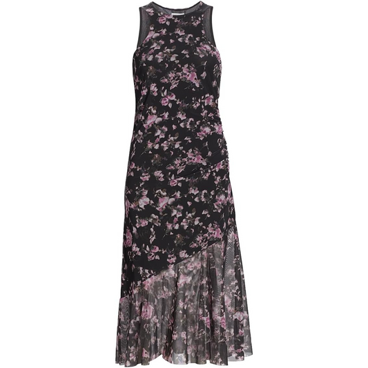 Ganni Floral Mesh Draped Midi-Dress