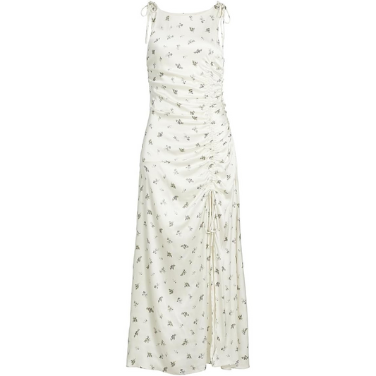 Ganni Floral Satin Gathered Midi-Dress