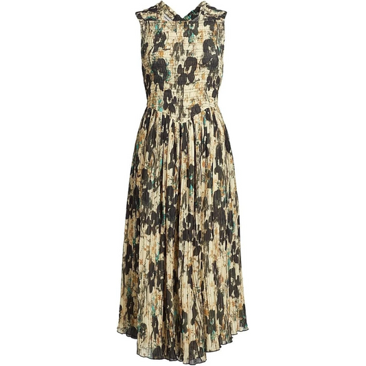 Ganni Floral Smocked Pleat Midi-Dress