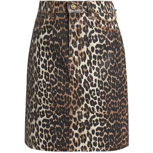 Ganni Foil Animal Print Denim Midi-Skirt