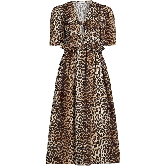 Ganni Leopard Cotton Tie-Strap Midi-Dress