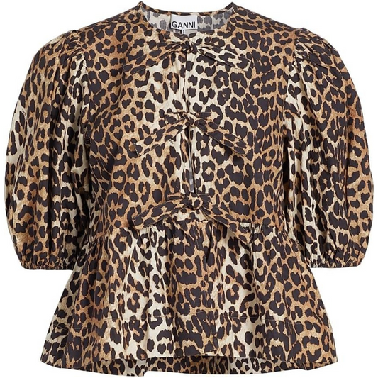 Ganni Leopard Poplin Peplum Blouse