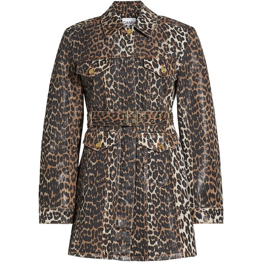 Ganni Leopard Print Denim Mini Shirtdress